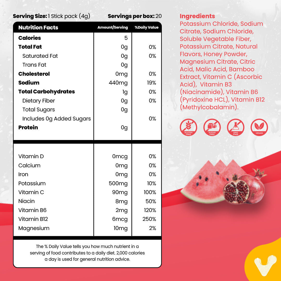 Valeo Hydration Electrolyte+ Pomegranate and Watermelon Stick Pack 20