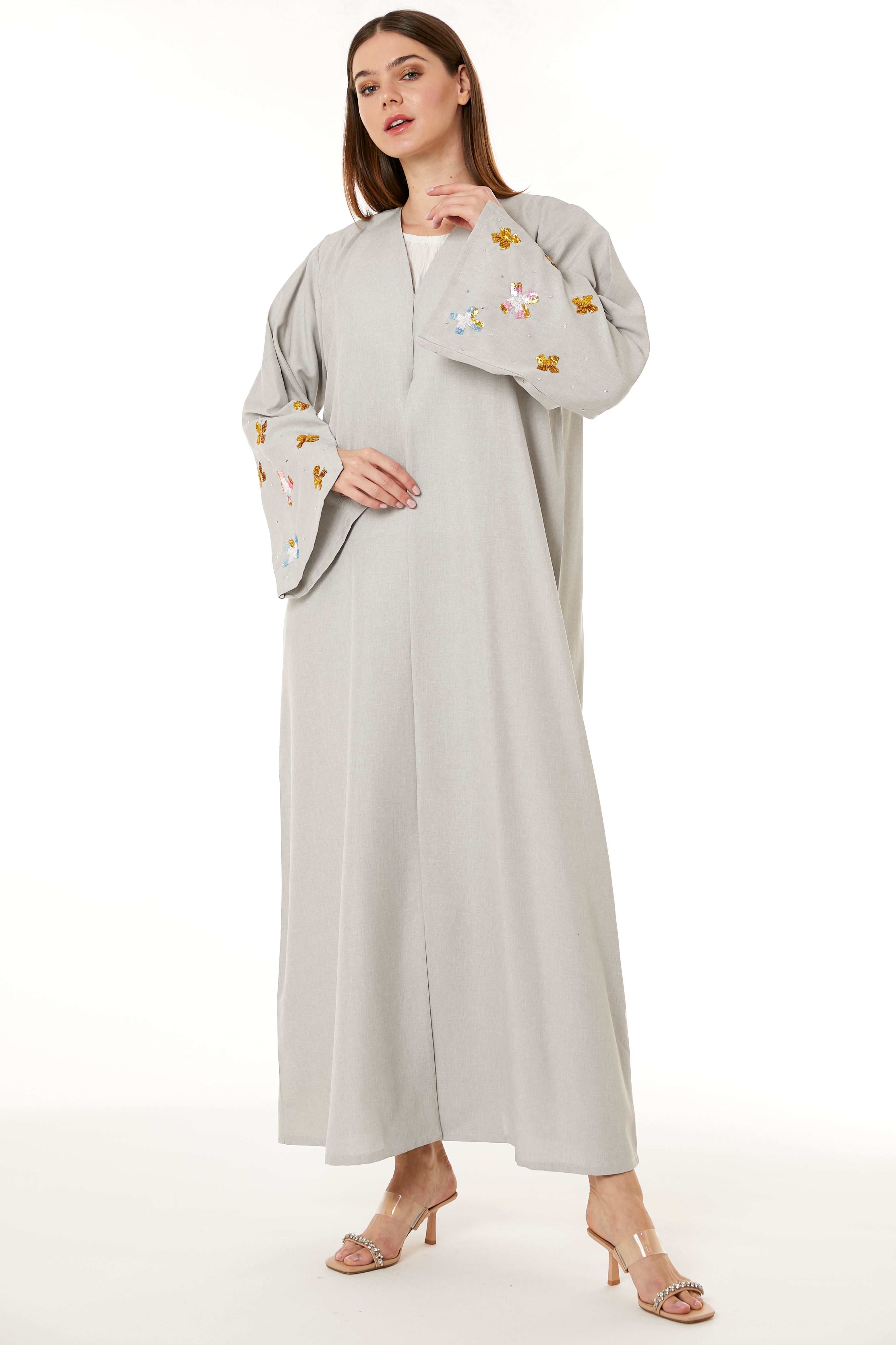 MOiSTREET Beige Melange Embroidered Abaya
