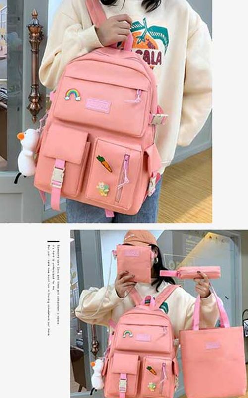 4 Pcs/Set Canvas School Bags Backpack – Durable, Stylish Backpack Set for Kids, Teens & Students