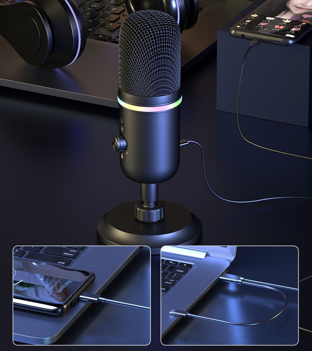 Condenser Microphone USB Gaming Microphone Cardioid Mic With RGB Light