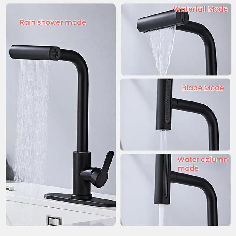 Pull-out 4 Modes Waterfall Kitchen Faucet Waterfall Black