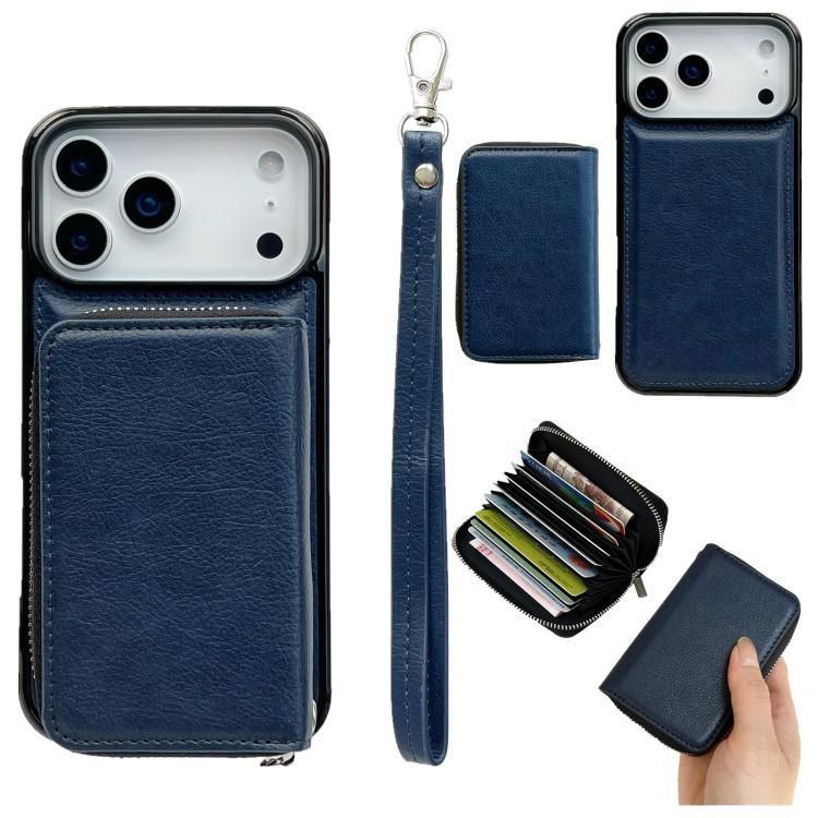 For iPhone 18 Pro Max / iPhone 17 Pro Max Solid Color Zipper 11-Card Slots Bag Phone Case with Lanyard