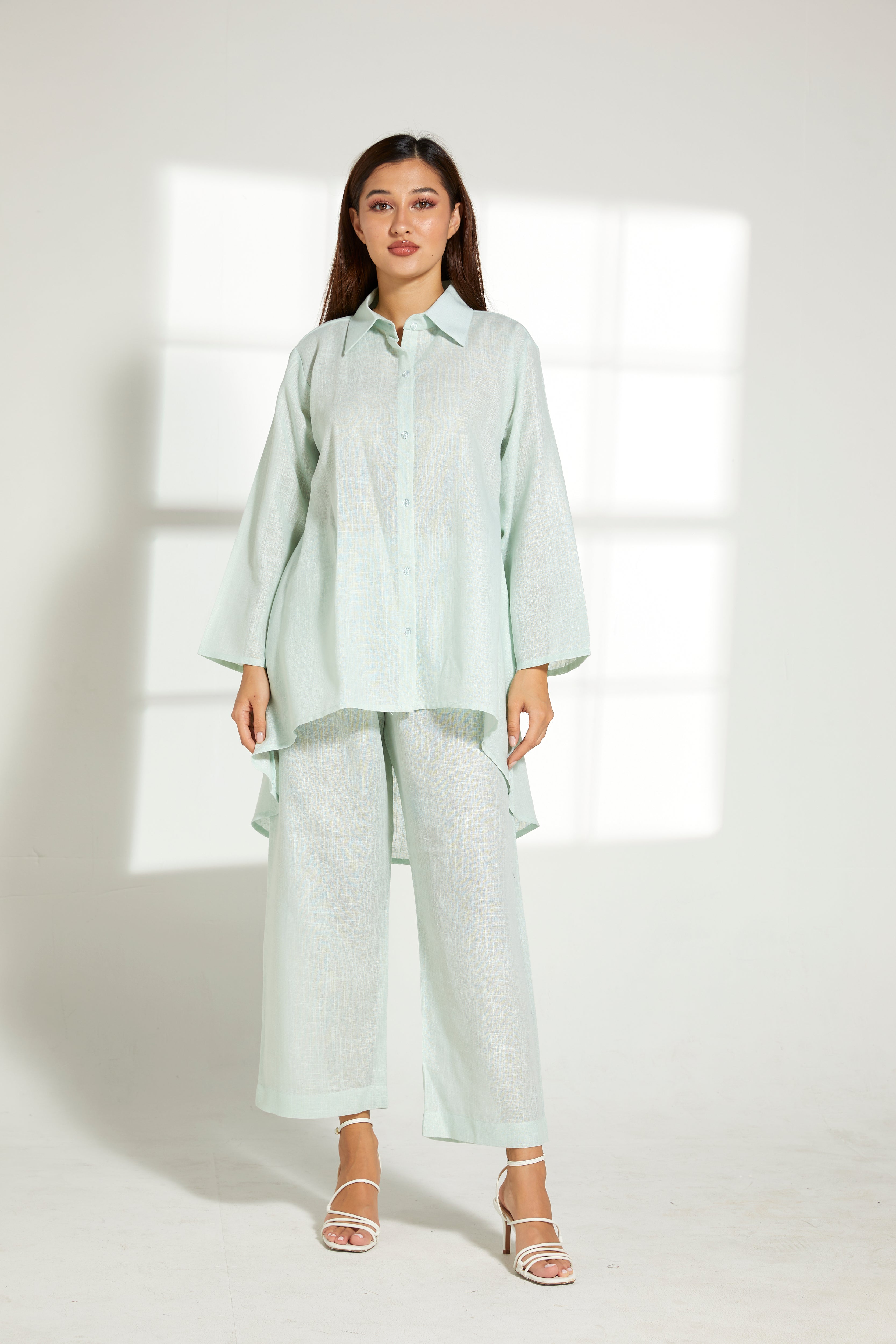 MOiSTREET Sea Green Linen Fabric Top and Pants Set