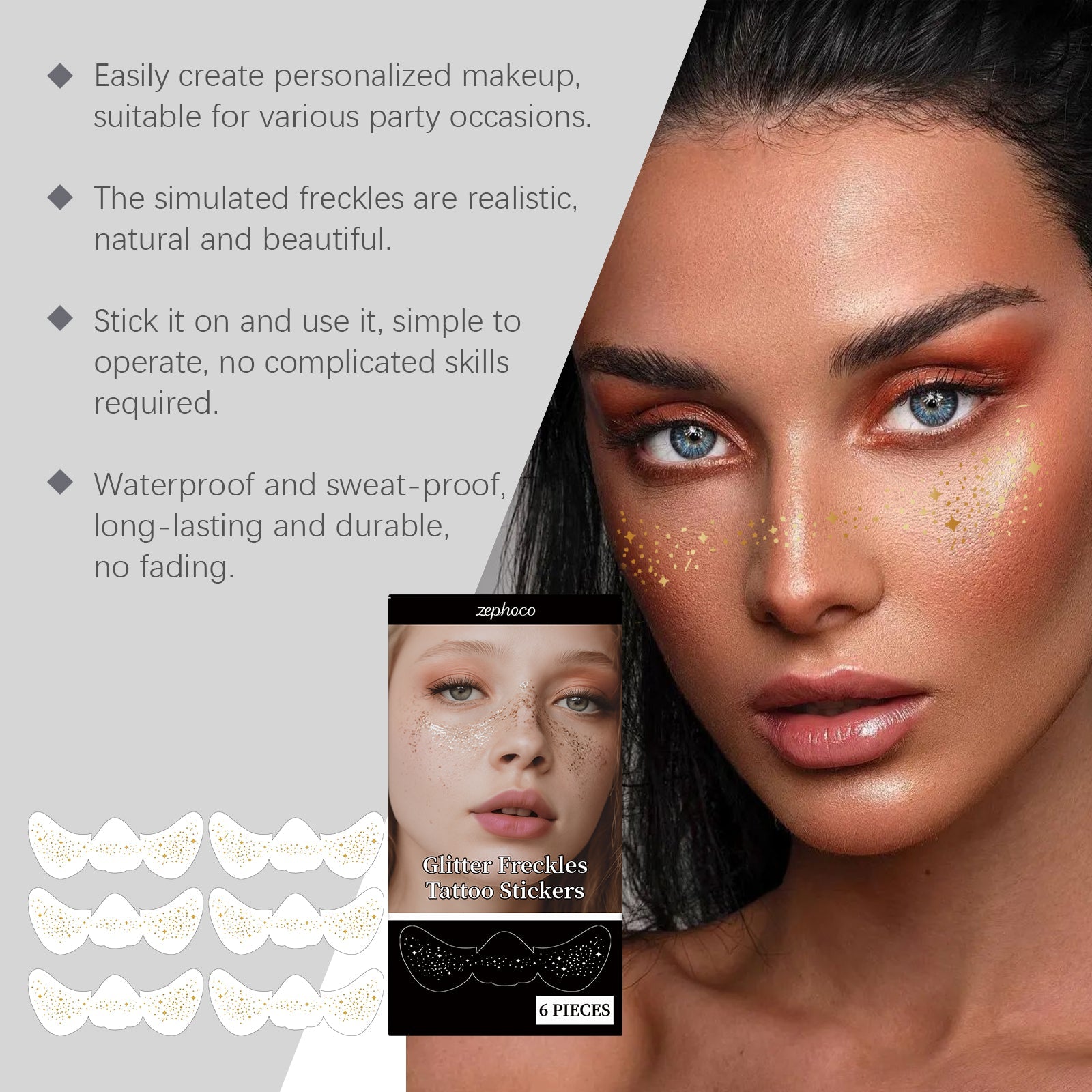 Create Natural Face Makeup with Long-Lasting Freckle Tattoo Stickers, Waterproof, Easy to Use ,6pcs