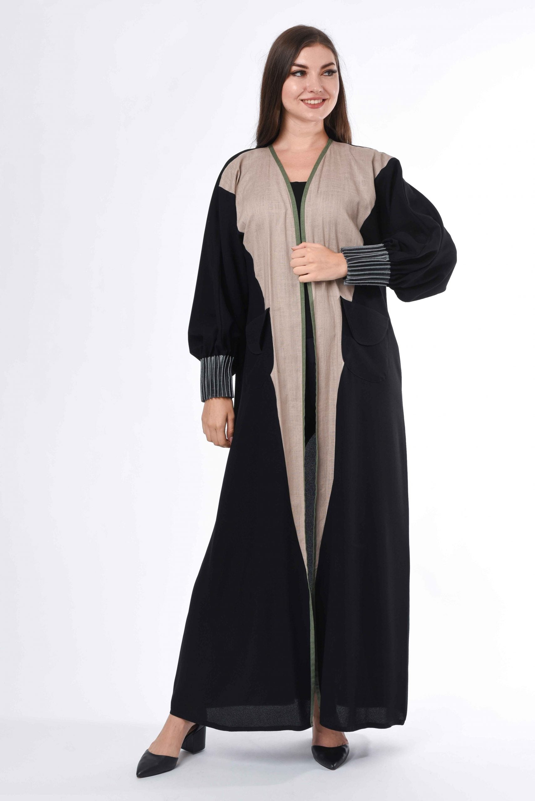 MOiSTREET Black Abaya with Contrast Panels and Pleated Sleeves