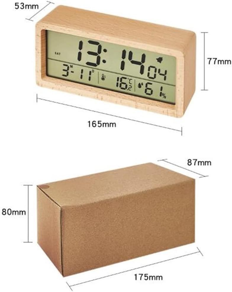 Wood Alarm Clock Humidity Temperature Portable Snooze Bedside Kids Room Table Clocks