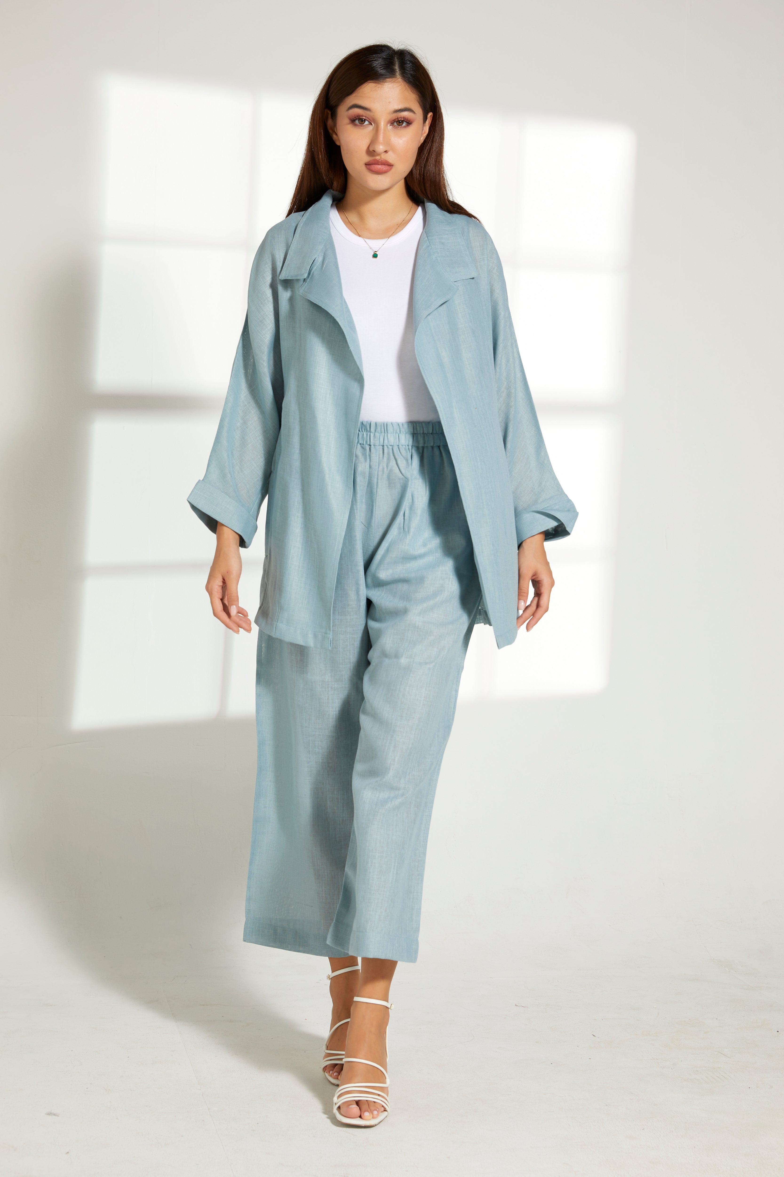 MOiSTREET Turquoise Linen Fabric Top and Pants Set