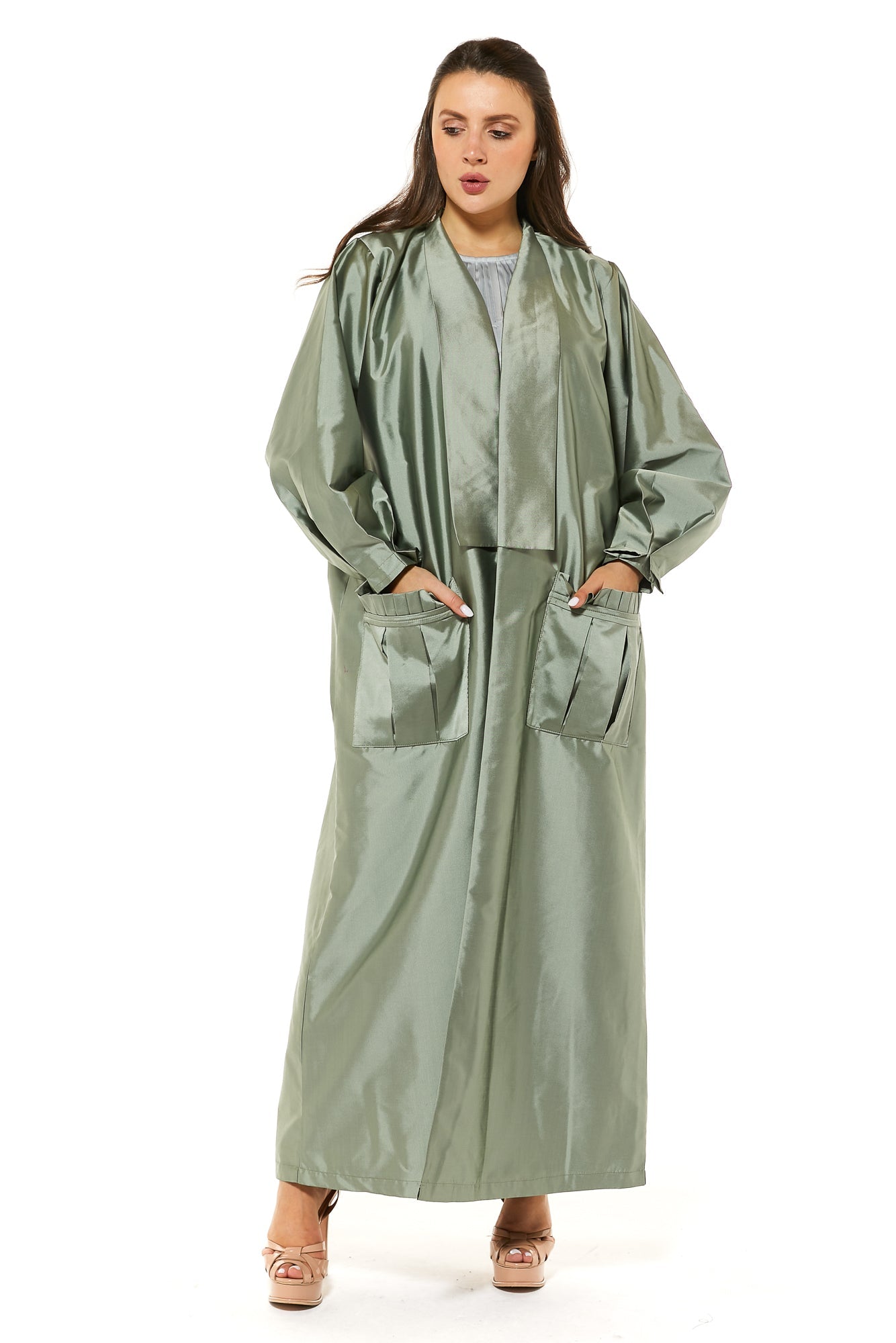 MOiSTREET Green Victoria Satin Casual Abaya with Pockets