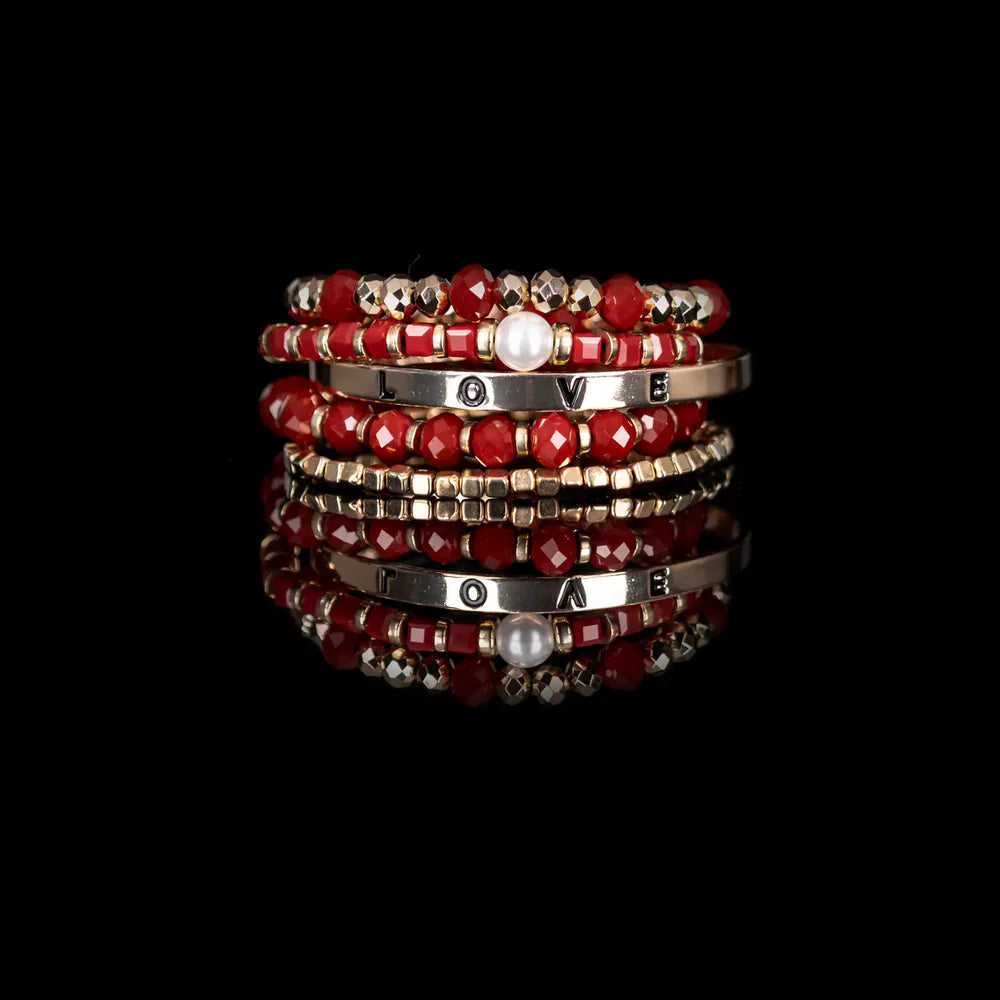 The Dark LOVE Red & Gold Beaded Bracelet Stack Pearl Charm Edition