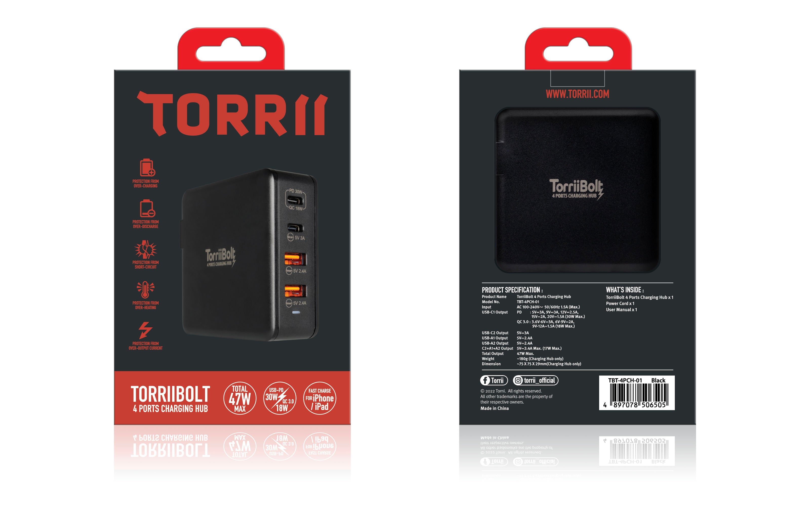 Torrii Bolt 4 Ports Charging Hub with USB-PD & QC 3.0, Black, TBT-4PCH-01