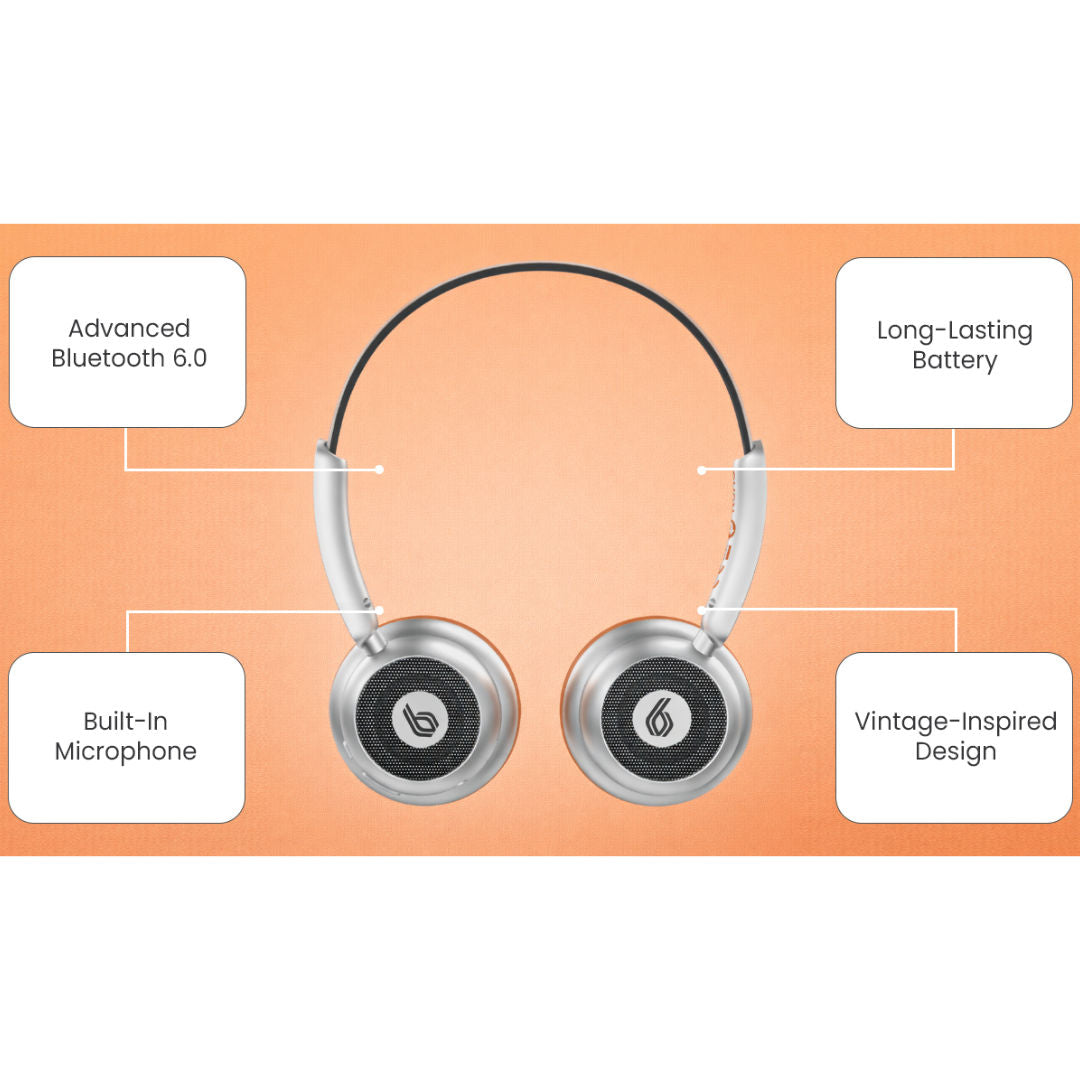 Blupebble Echo Vintage Vibes Wireless On-Ear Foldable Headphones, Silver