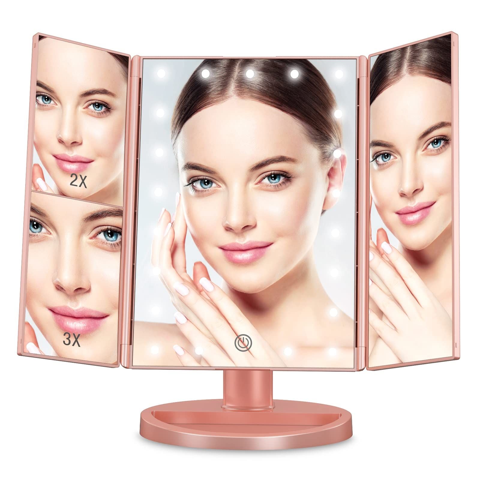 Makeup Mirror Foldable Triple Vanity Mirror With 22 LED Lights 2x 3X Magnification