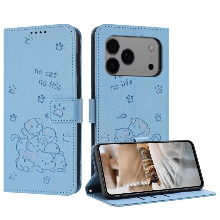 For iPhone 18 Pro Max / iPhone 17 Pro Max Embossed Kitten Phone Leather Case with Lanyard