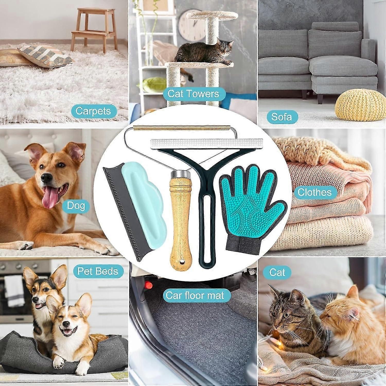 4-Piece Pet Hair Remover Kit with Wood Handle Brush & Silicone Gloves for Furniture Car Upholstery & Clothing