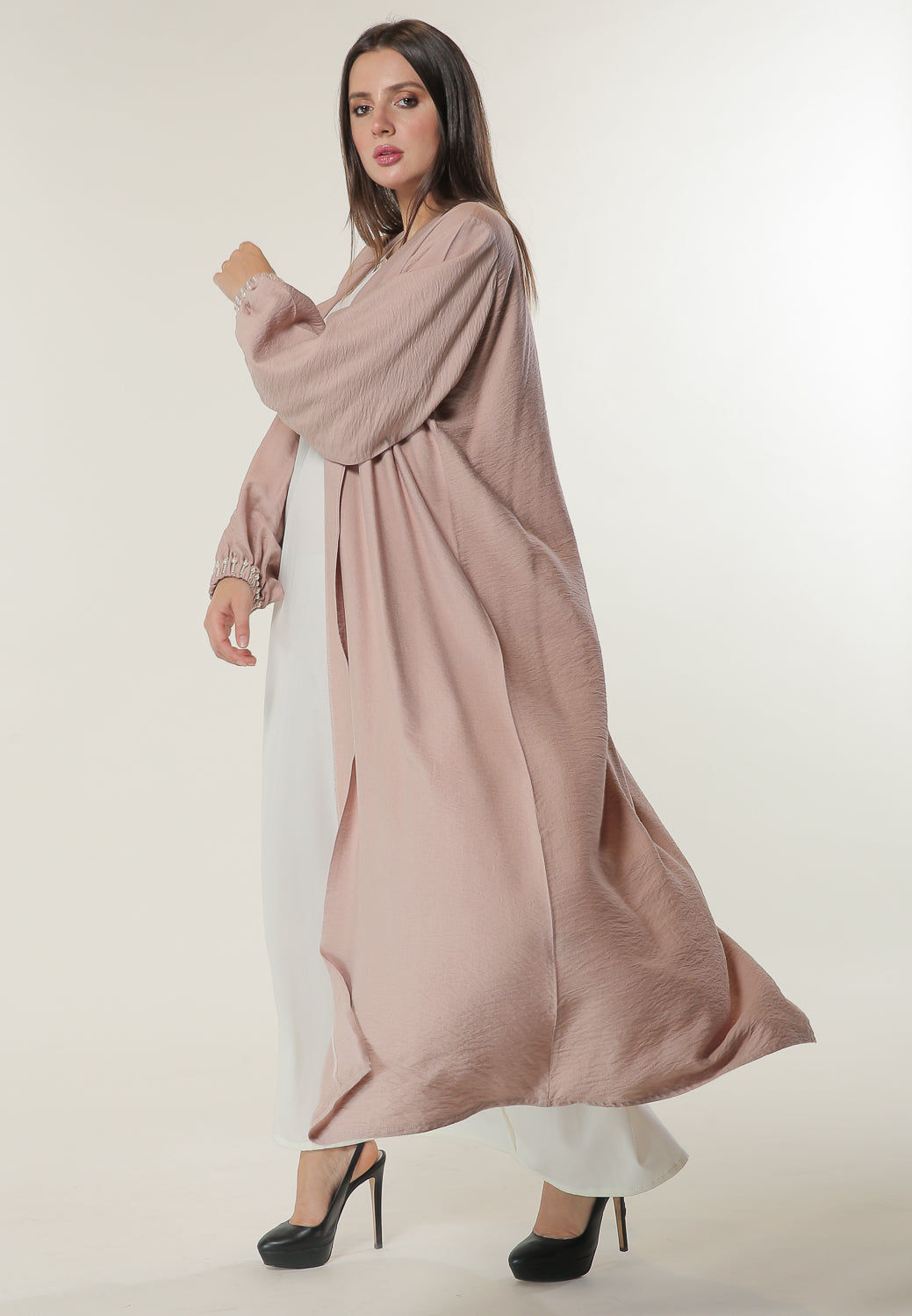 MOiSTREET Pink Abaya with Beadwork on Elasticated Sleeves