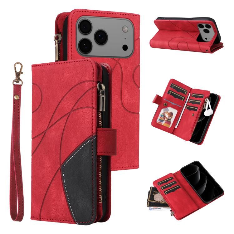 For iPhone 18 Pro Max / iPhone 17 Pro Max Dual-color 9 Card Slots Zipper Wallet Leather Phone Case
