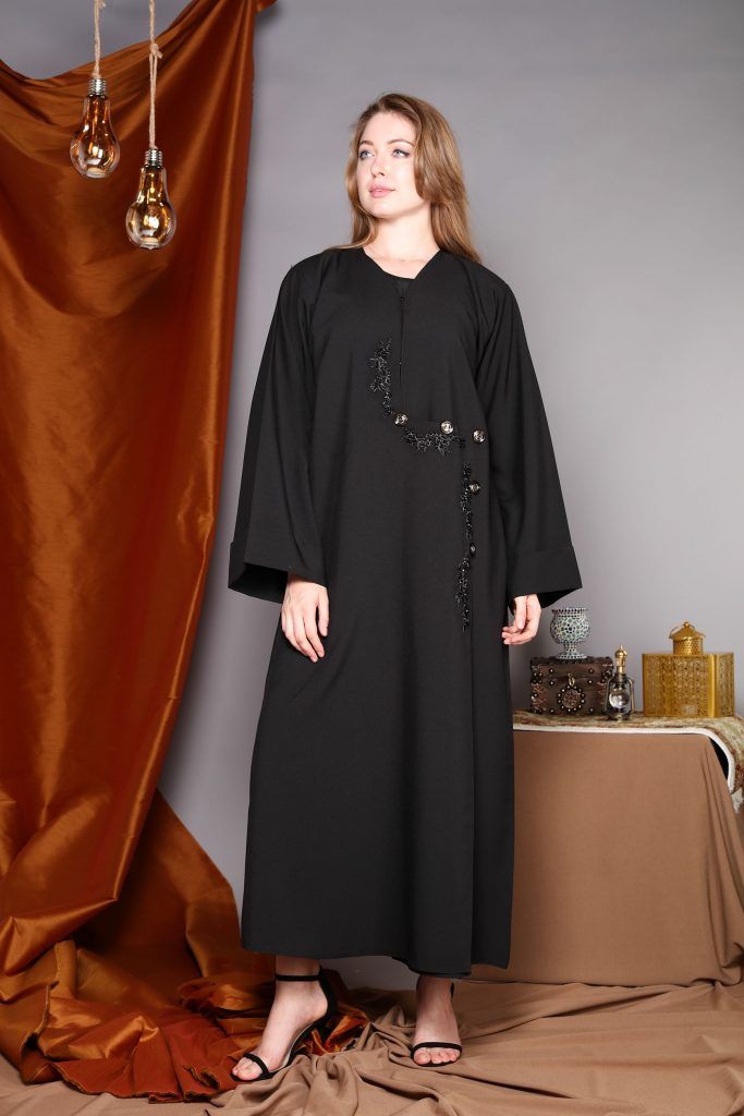MOiSTREET Black Wrap Around Abaya with Hand Embroidery and Button Detailing