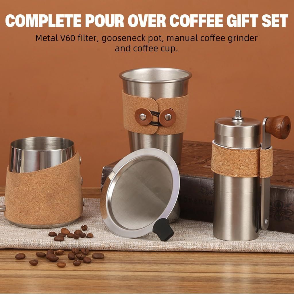 4Pcs Pour Over Coffee Gift Set Classic Stainless Steel Pour Over Coffee Kit Camping Coffee Brewing Kit