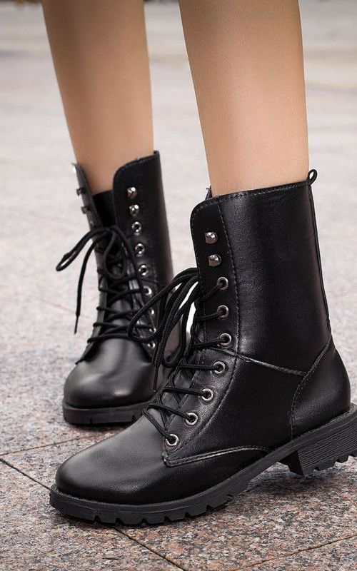 Lace Up Pu Leather Boots Women Block Heel Mid Calf Shoes Gothic Punk Low Heel Ankle Boots
