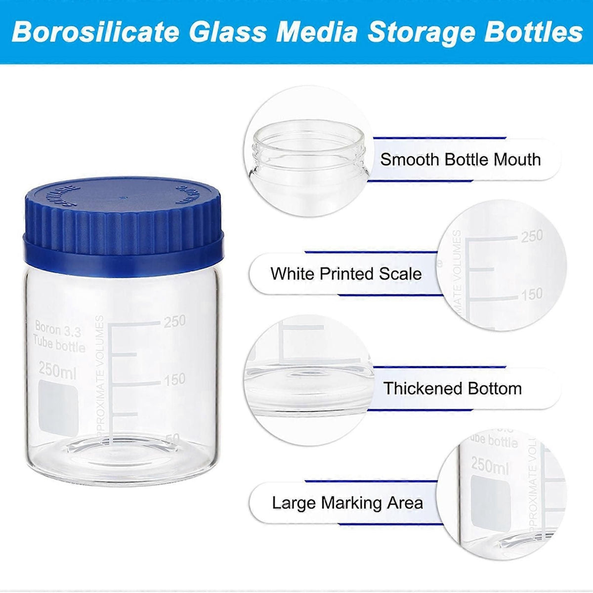 8 Pack Reagent Media Storage Bottles, 250ml Borosilicate Glass Wide Mouth Graduated Round Bottles with GL32 Screw Cap