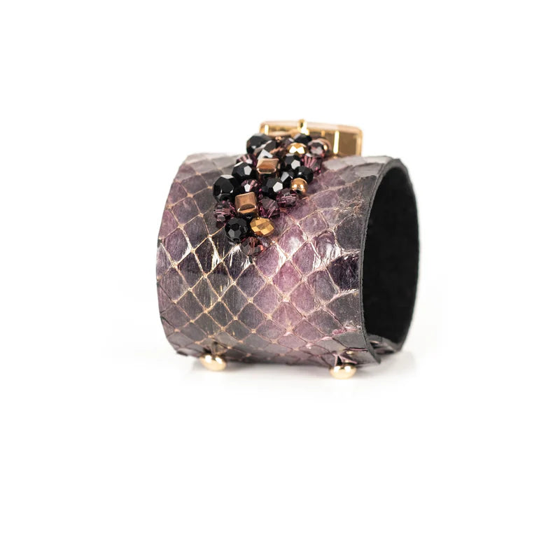 The Dark Python Leather Crystal Statement Cuff Bracelet with Champagne Stone