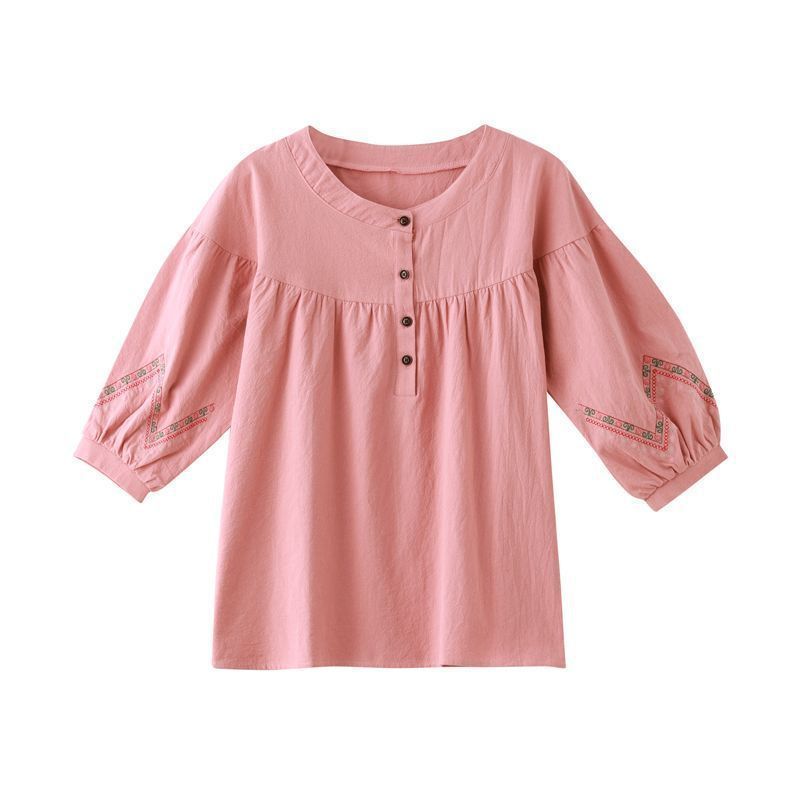 Cotton Linen Loose Fit Round Neck Short Sleeve Top For Women