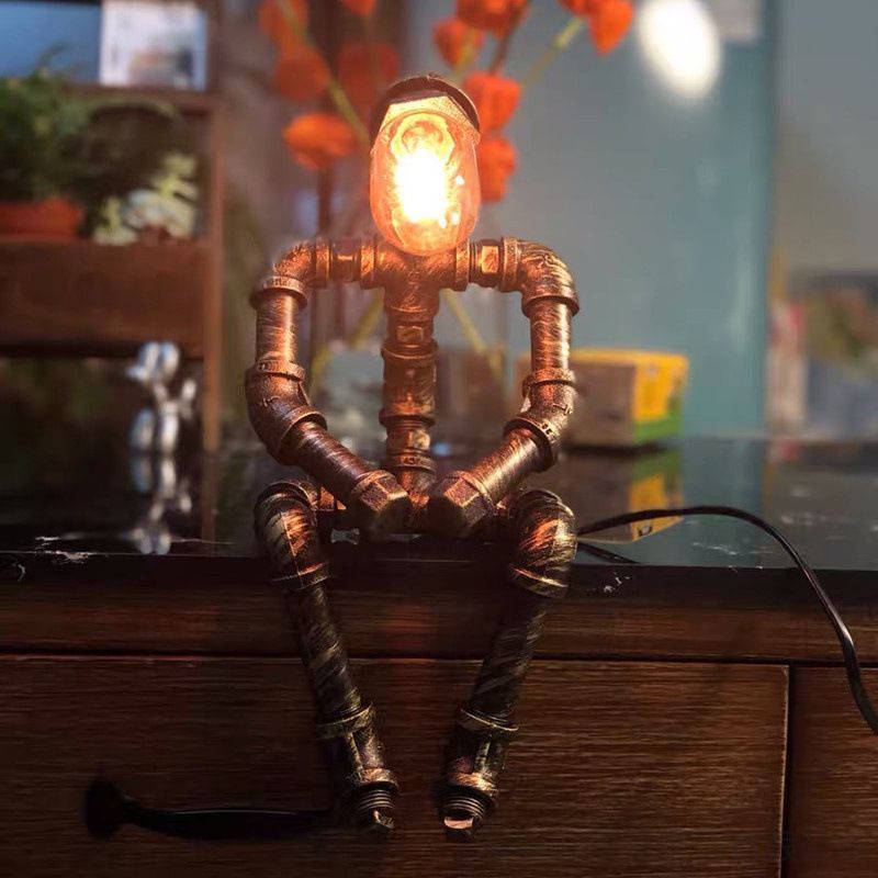 Industrial Pipe Robot Table Lamp Retro Metal Desk Light