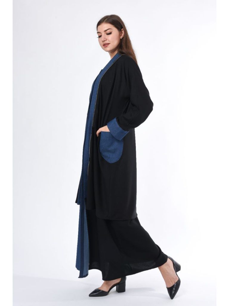 MOiSTREET Black Abaya with contrast Denim Panel