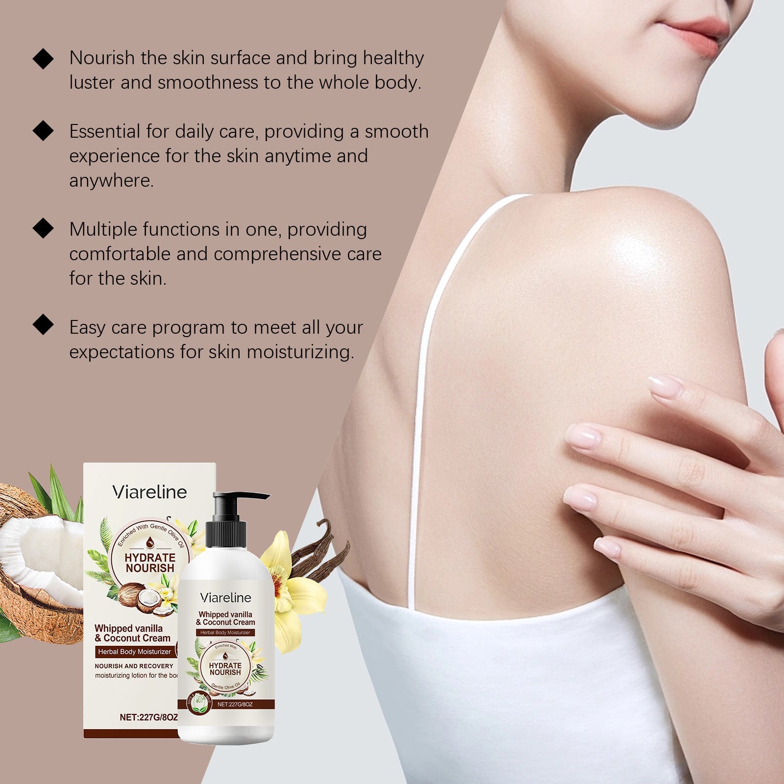 Coconut Body Moisturizer, Hydrating Body Care for Smooth, Glossy Skin ,227g