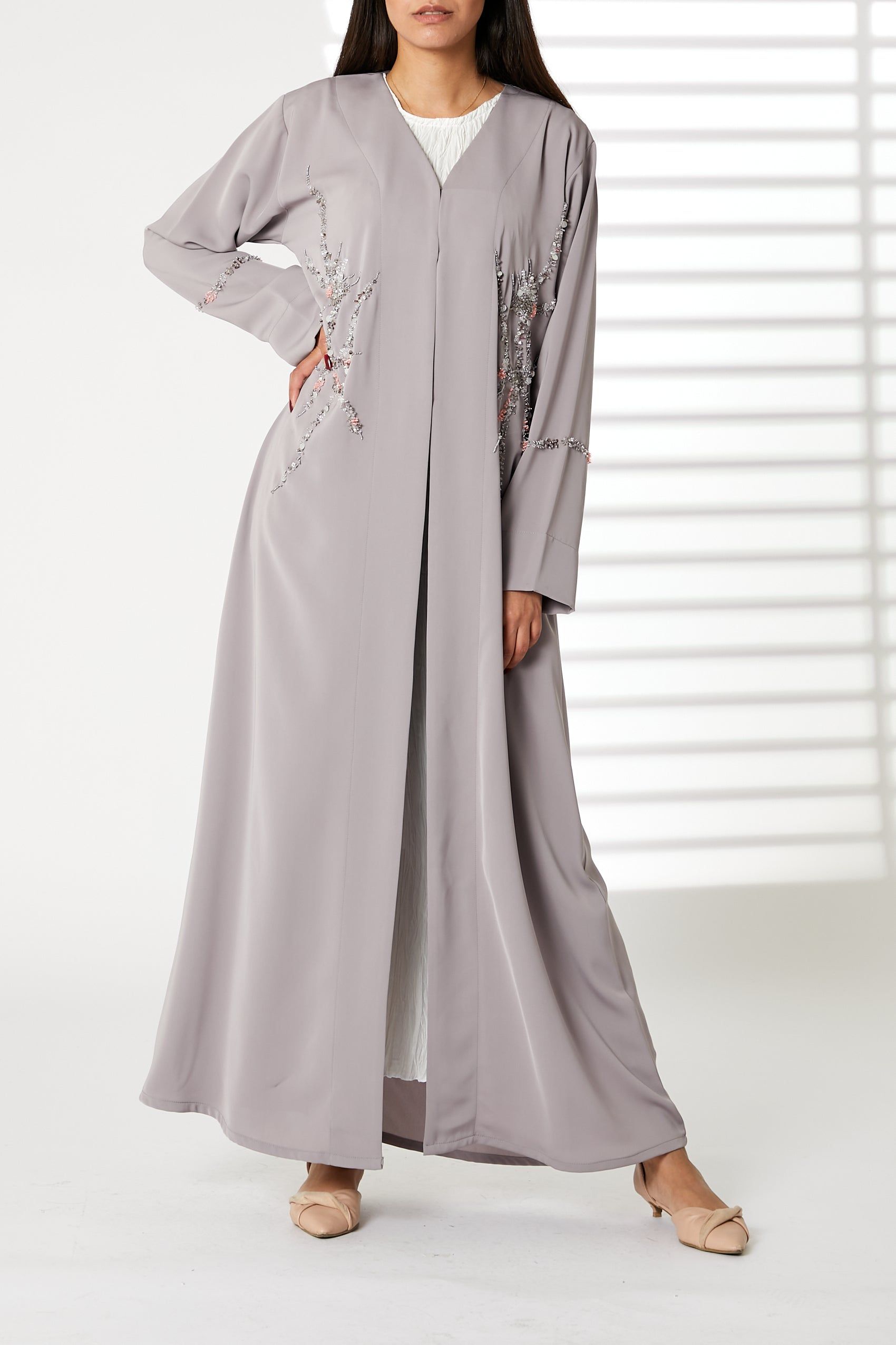 MOiSTREET Grey Nida Embroidered V-Neck Open Abaya