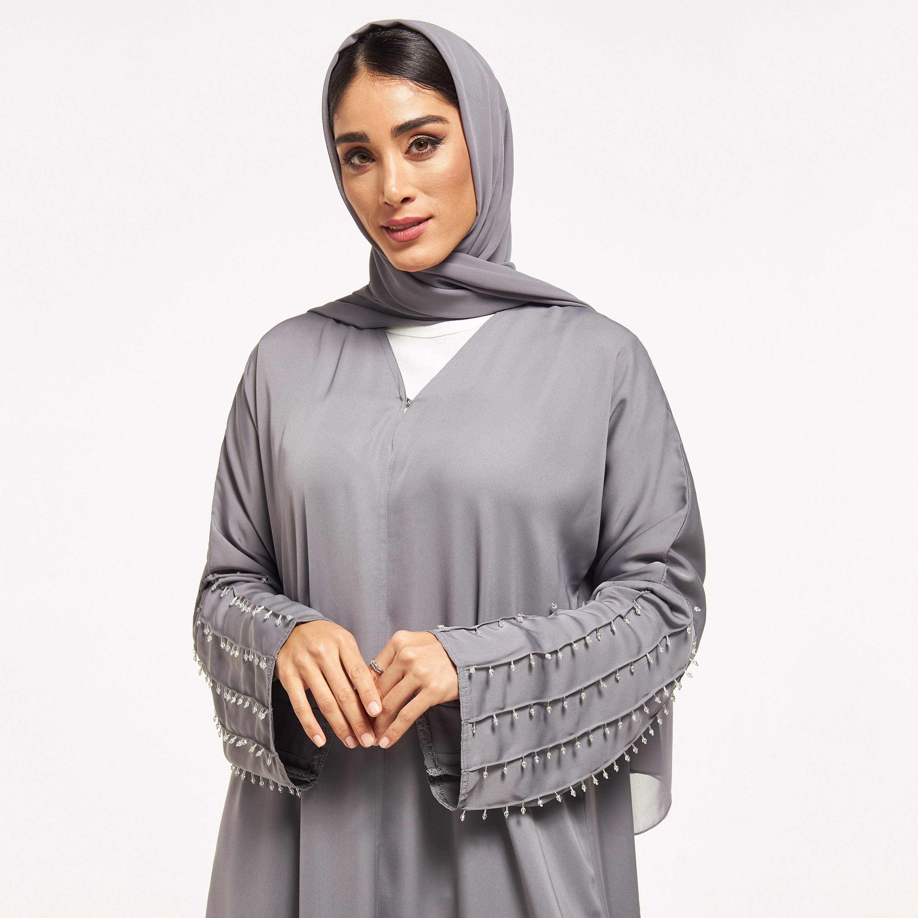 MOiSTREET Embellished Abaya with Sheila and Pleat Detail