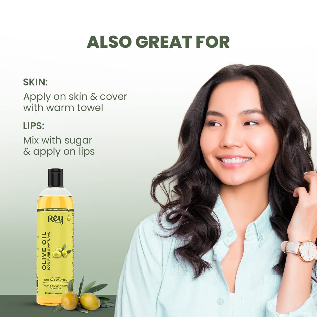 Rey Naturals Olive Oil Extra Virgin | Cold Pressed Olive Oil For Massage | Extra Light Olive Oil For Skin 200 ml