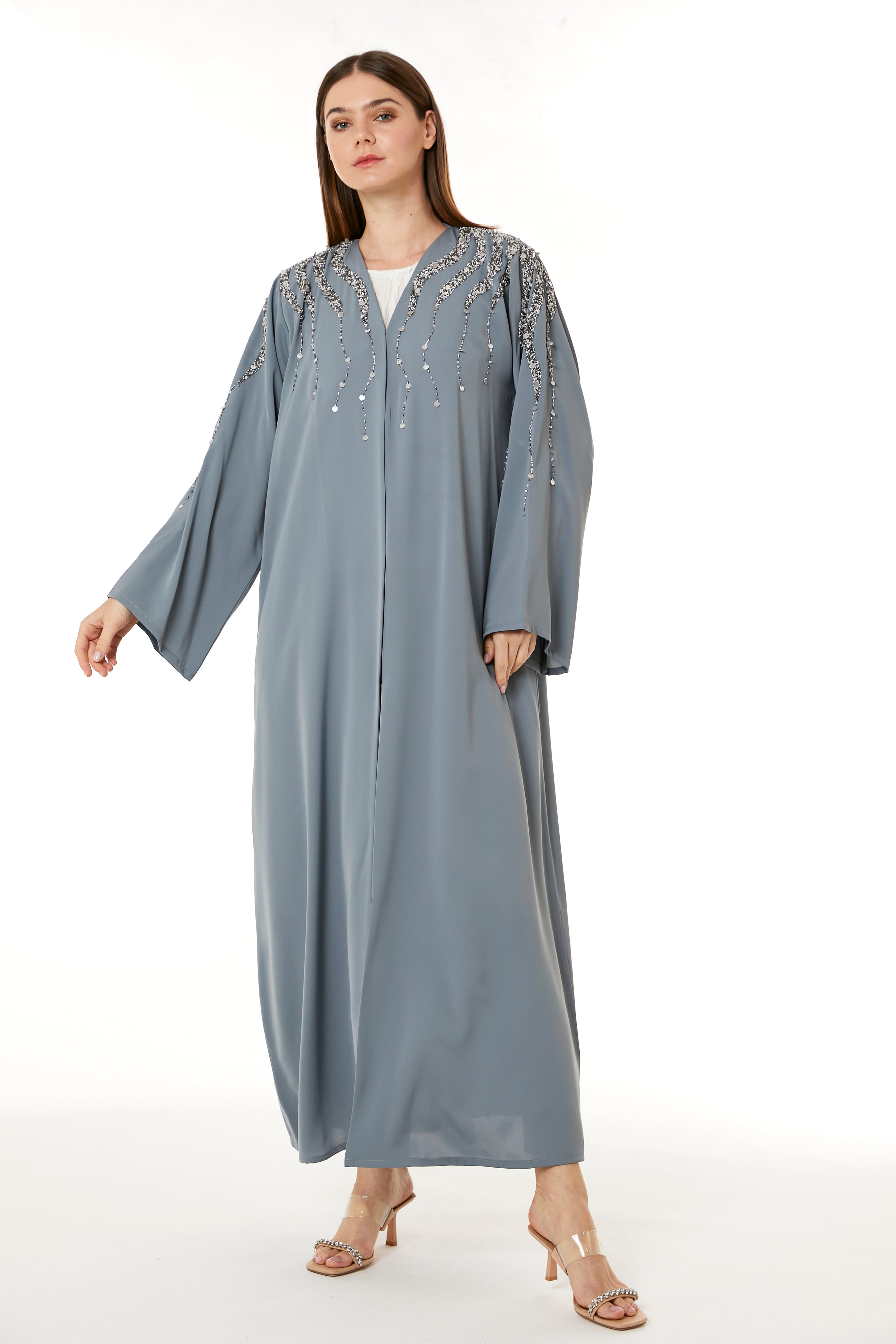 Grey Korean Nida Hand Embellished Abaya