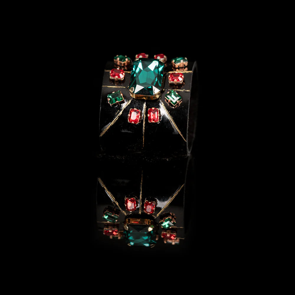 The Dark Black Leather Crystal Cuff Bracelet with Green Center Stone & Red Accents