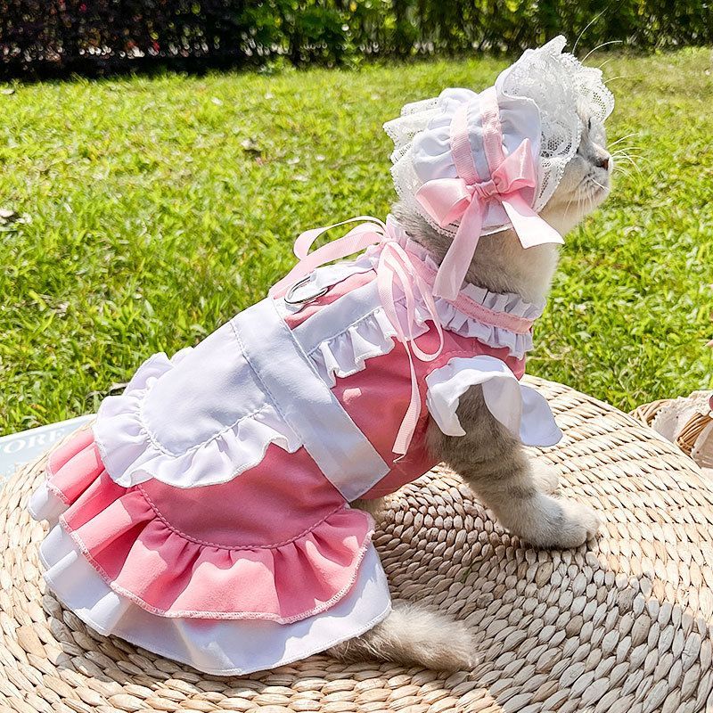 French Maid Pet Costume Dog Cat Lolita Dress Bulldog Bichon Clothing With D-ring