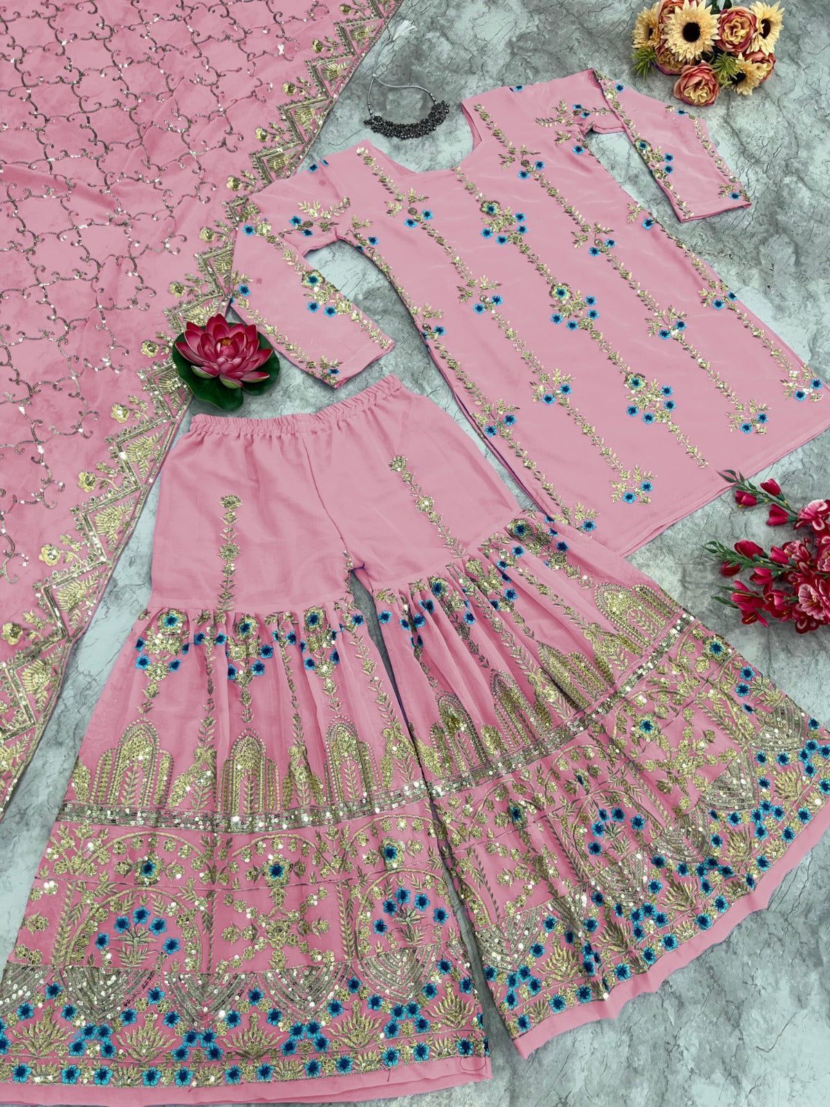 Fab Zone Women's Sharara Kurti Outfit With Fancy Net Dupatta