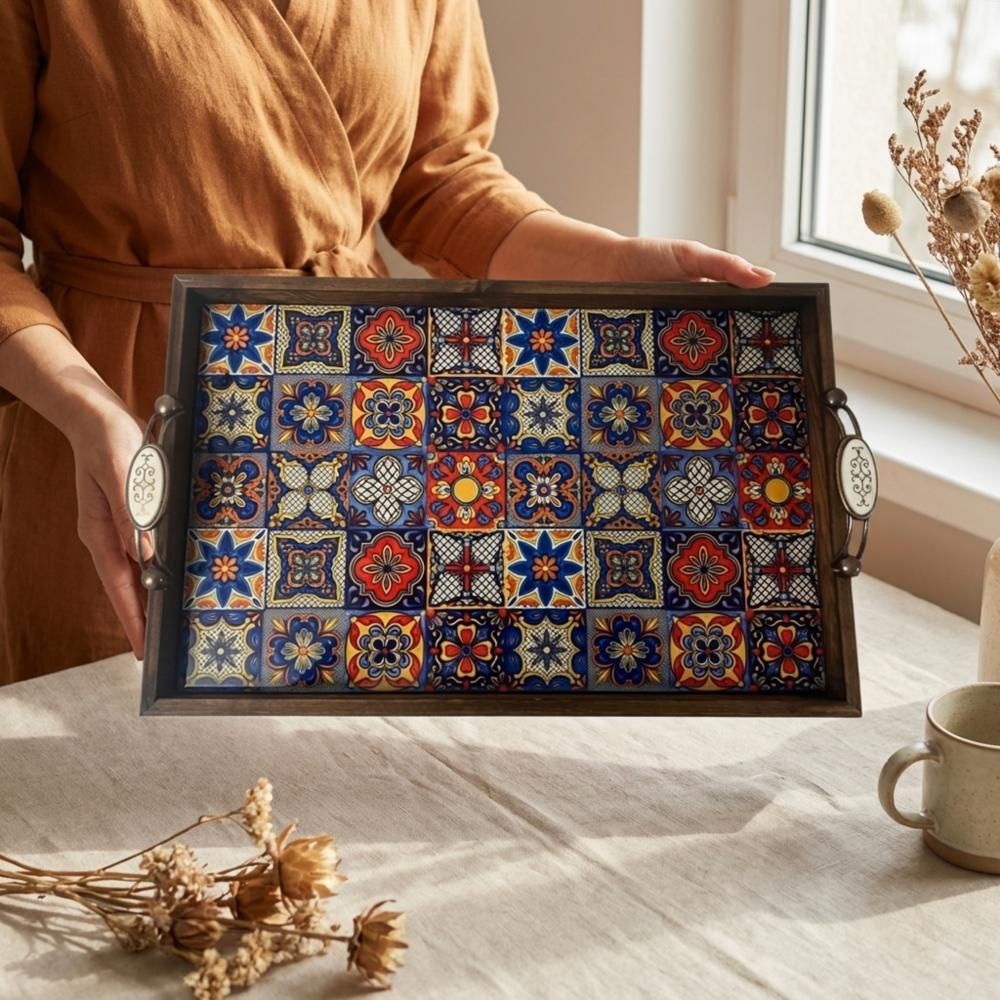 Handmade Wooden Tray, Turkish Tile Pattern, Ottoman Coffee Table Decor
