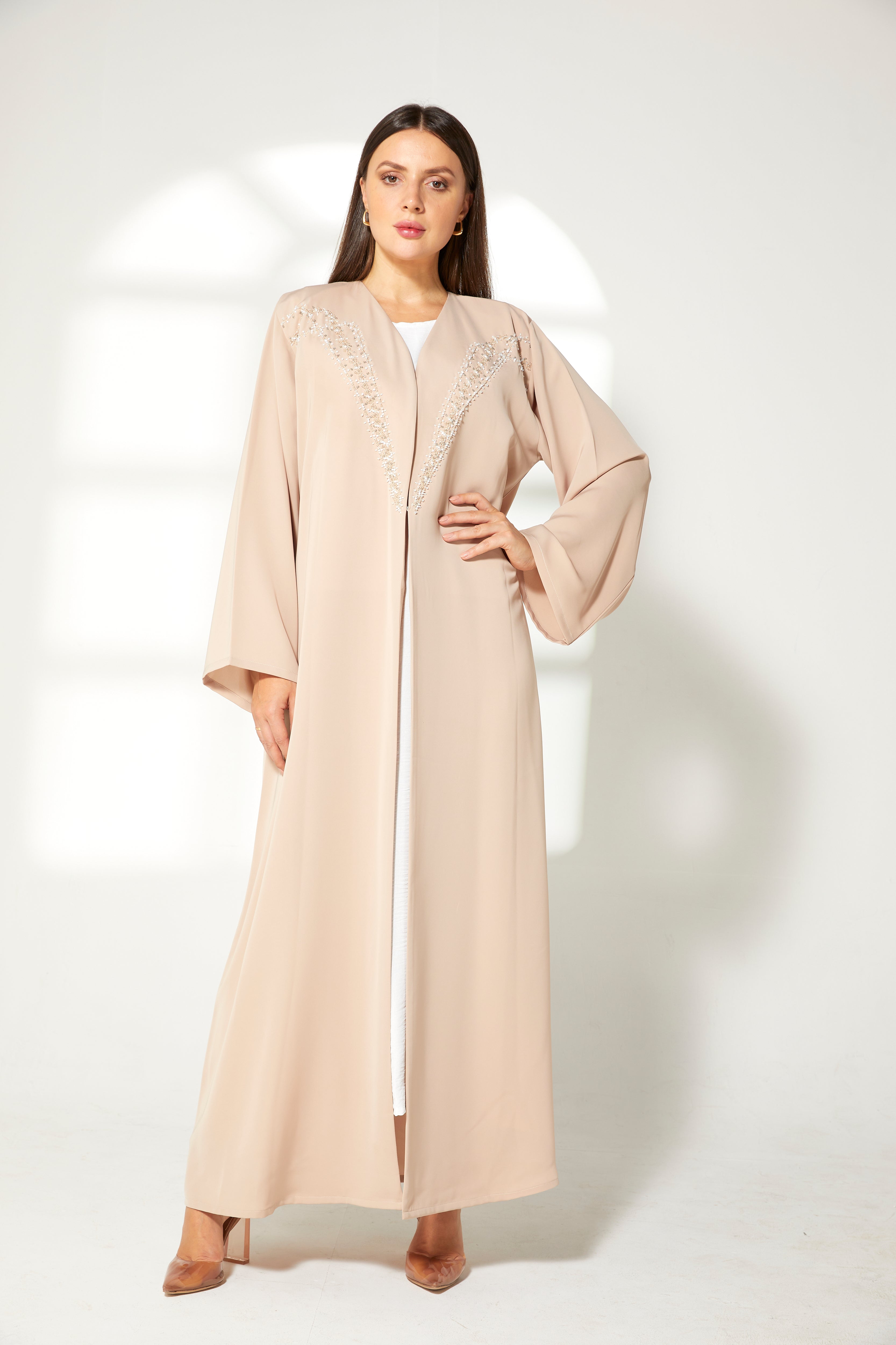 MOiSTREET Beige Korean Nida  Embroidered Abaya