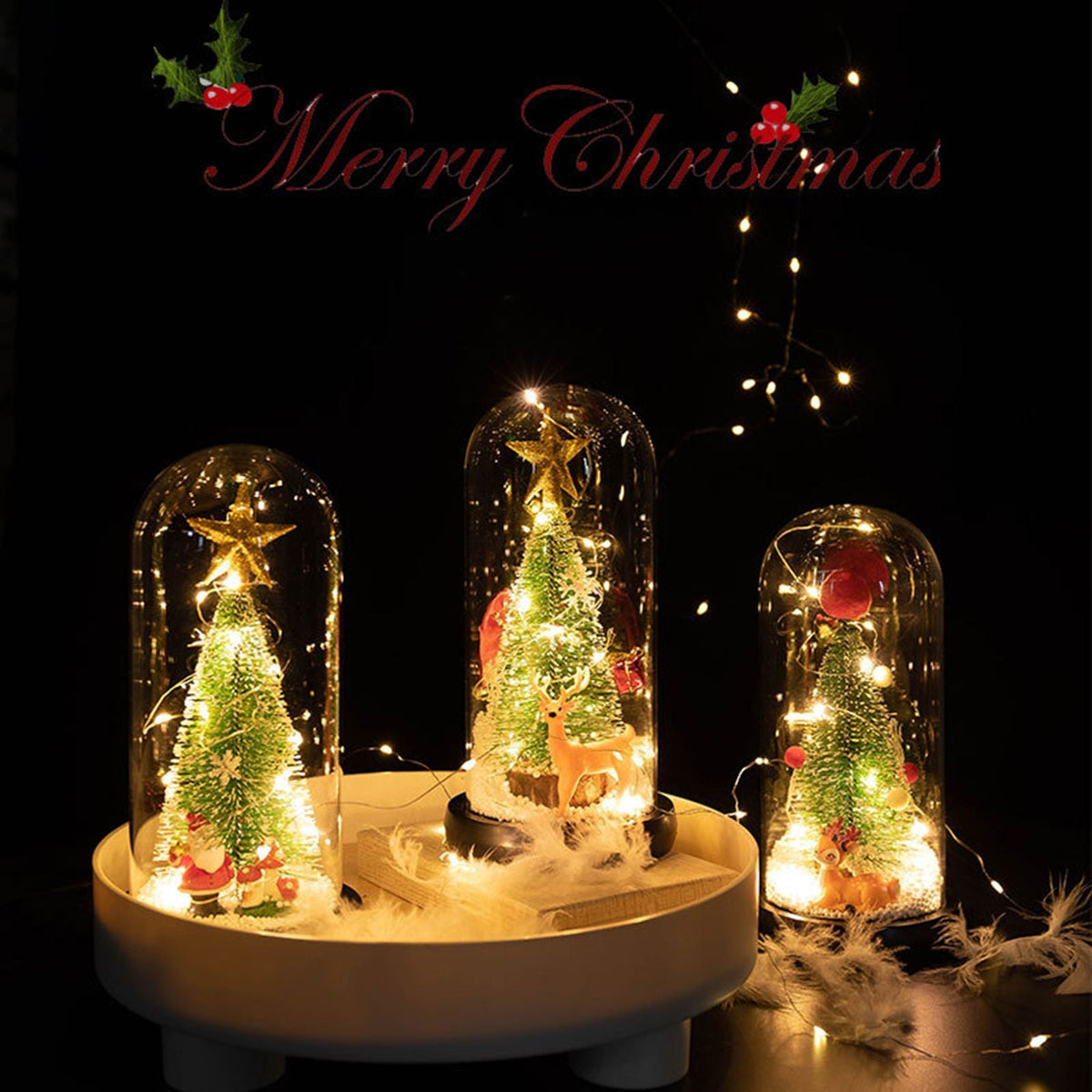 LED Christmas Tree In Glass Cover Tabletop Decoration Night Light Bedside Lamp Ornament