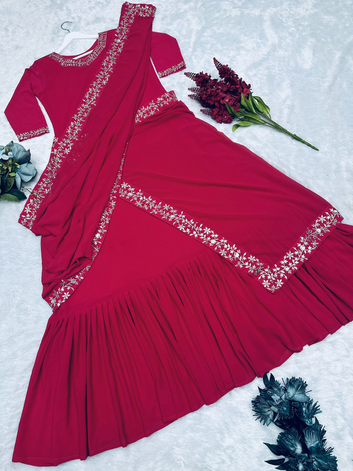 Fab Zone Party Wear Designer Gown With Saree With Ruffle Work