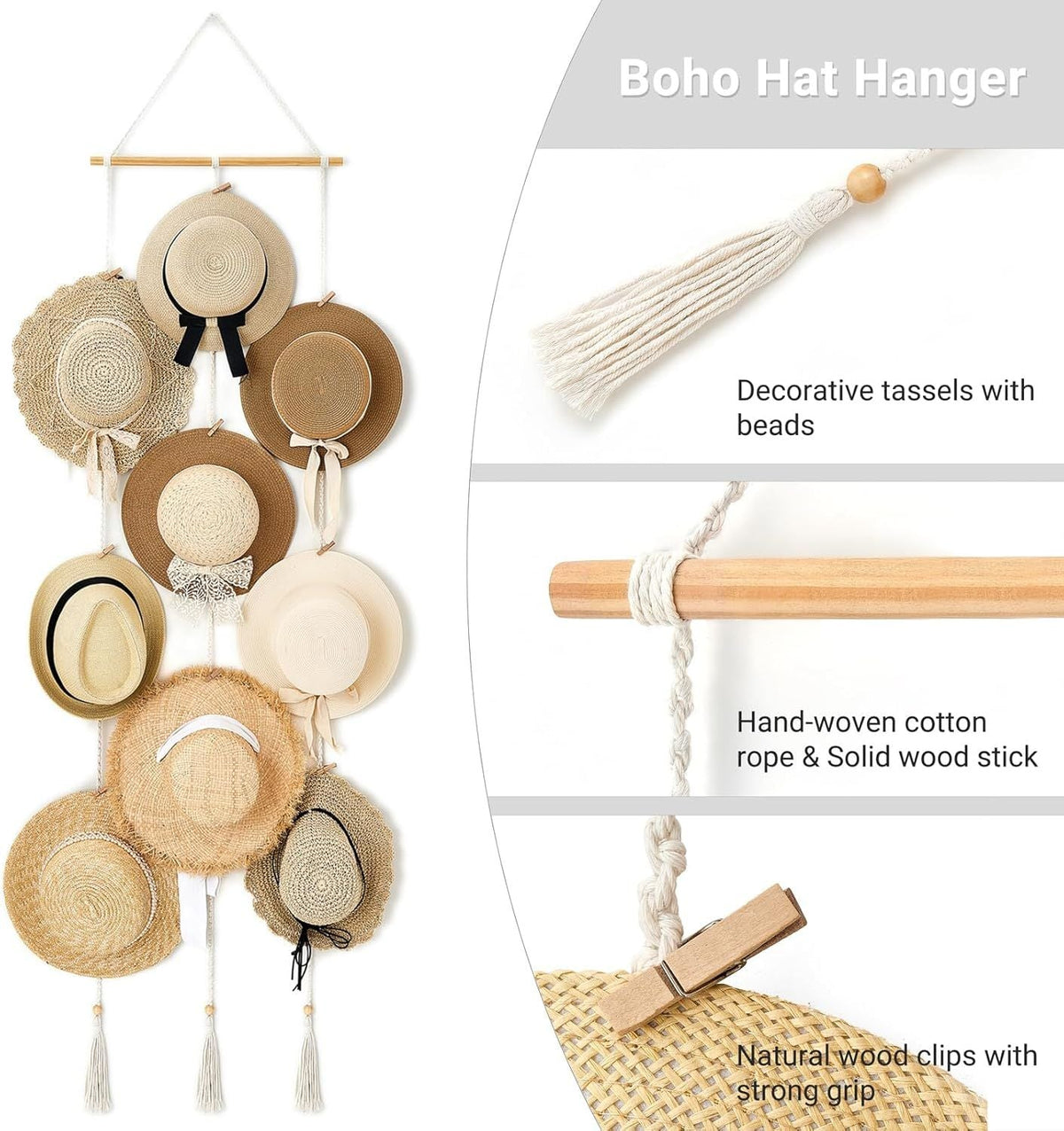 Hat Rack Hat Hangers for Wall Boho Caps Storage Organizer Hat Display Holder