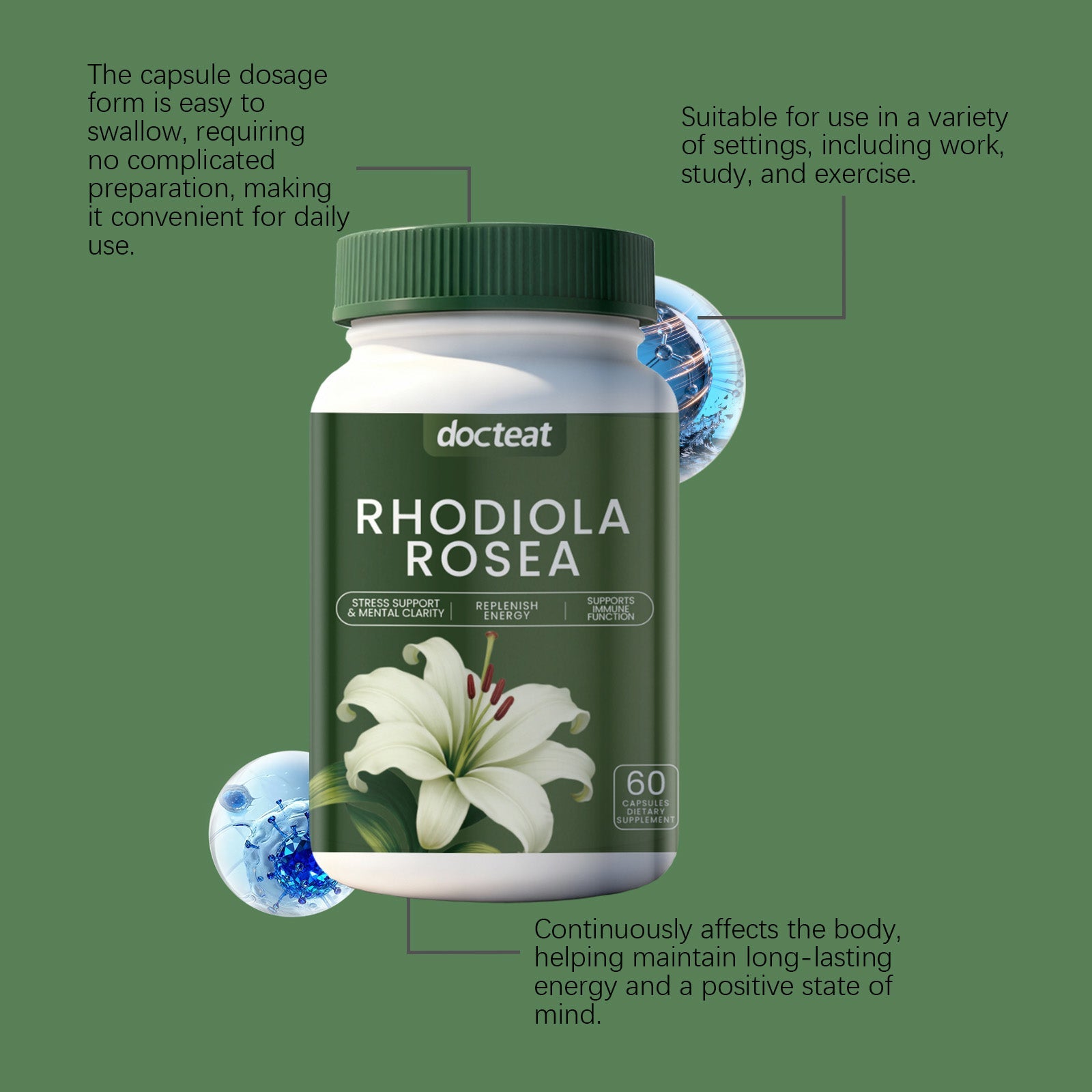 Boost Mood and Energy with Rhodiola Rosea Capsules, Natural Stress Relief, Body Care ,60 capsules
