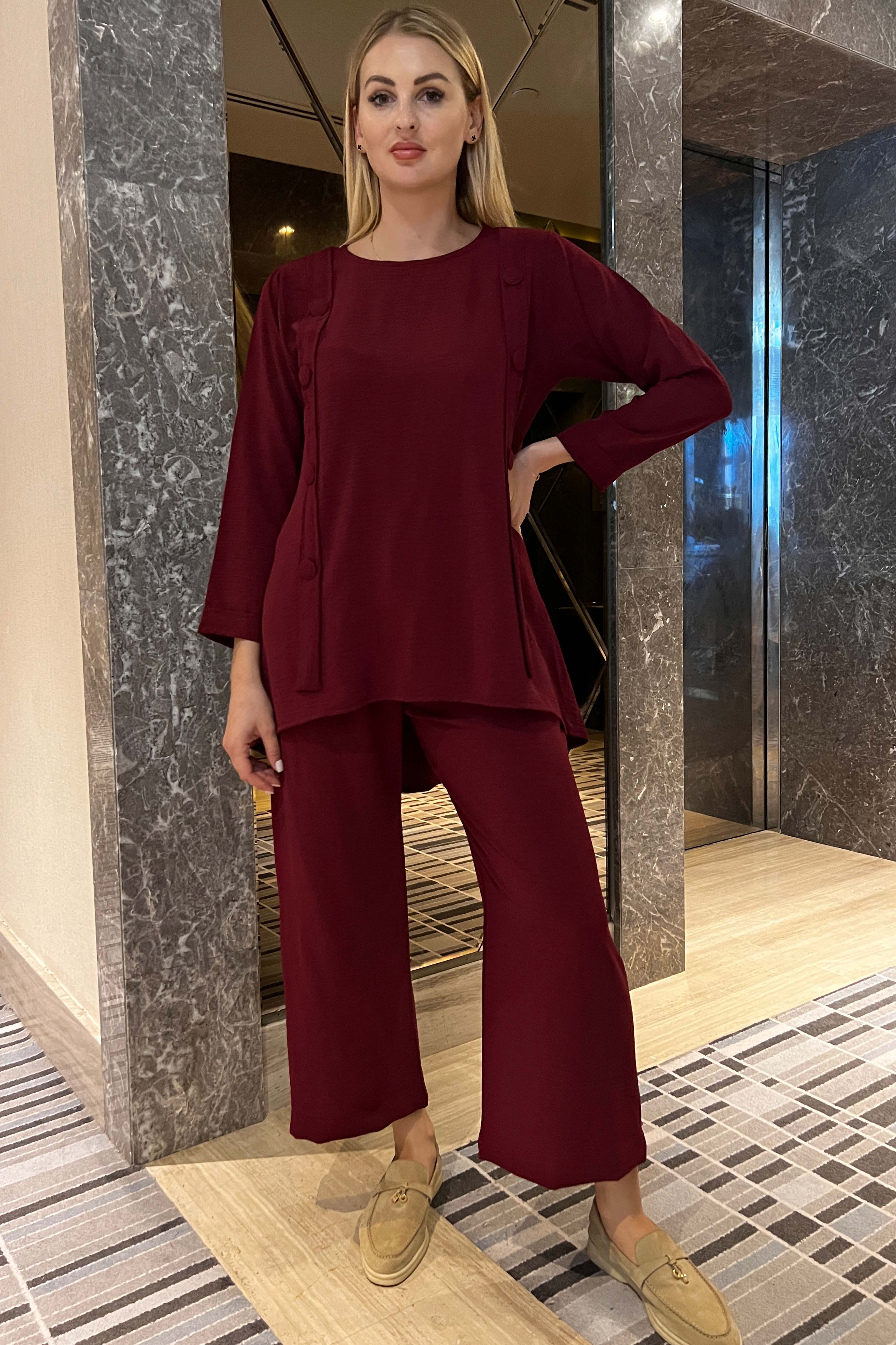MOiSTREET Maroon CEY Fabric Top And Pants Set
