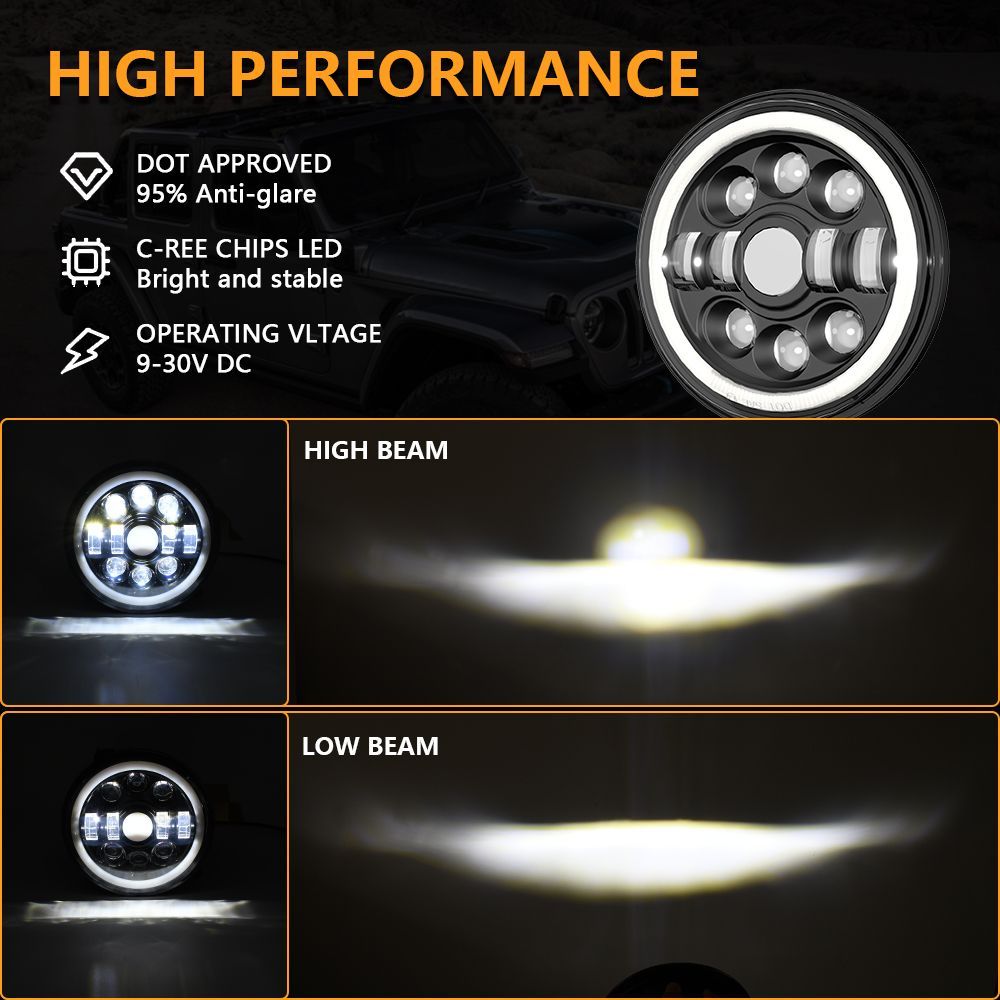 Motorcycle Round LED Headlight 7 inch Car Front Angel Eye With 4 Light Modes