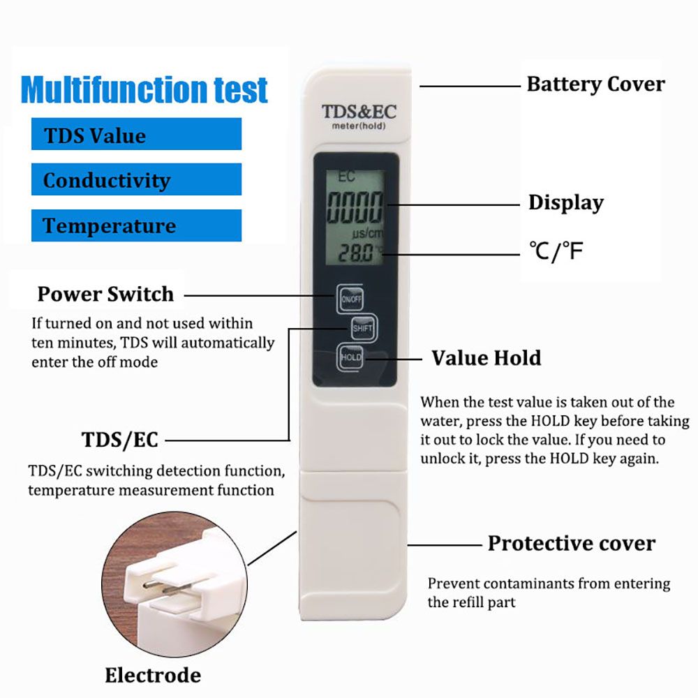 3 in 1 Digital Water Tester EC TDS Meter Temperature Meter Water Quality Test Pen