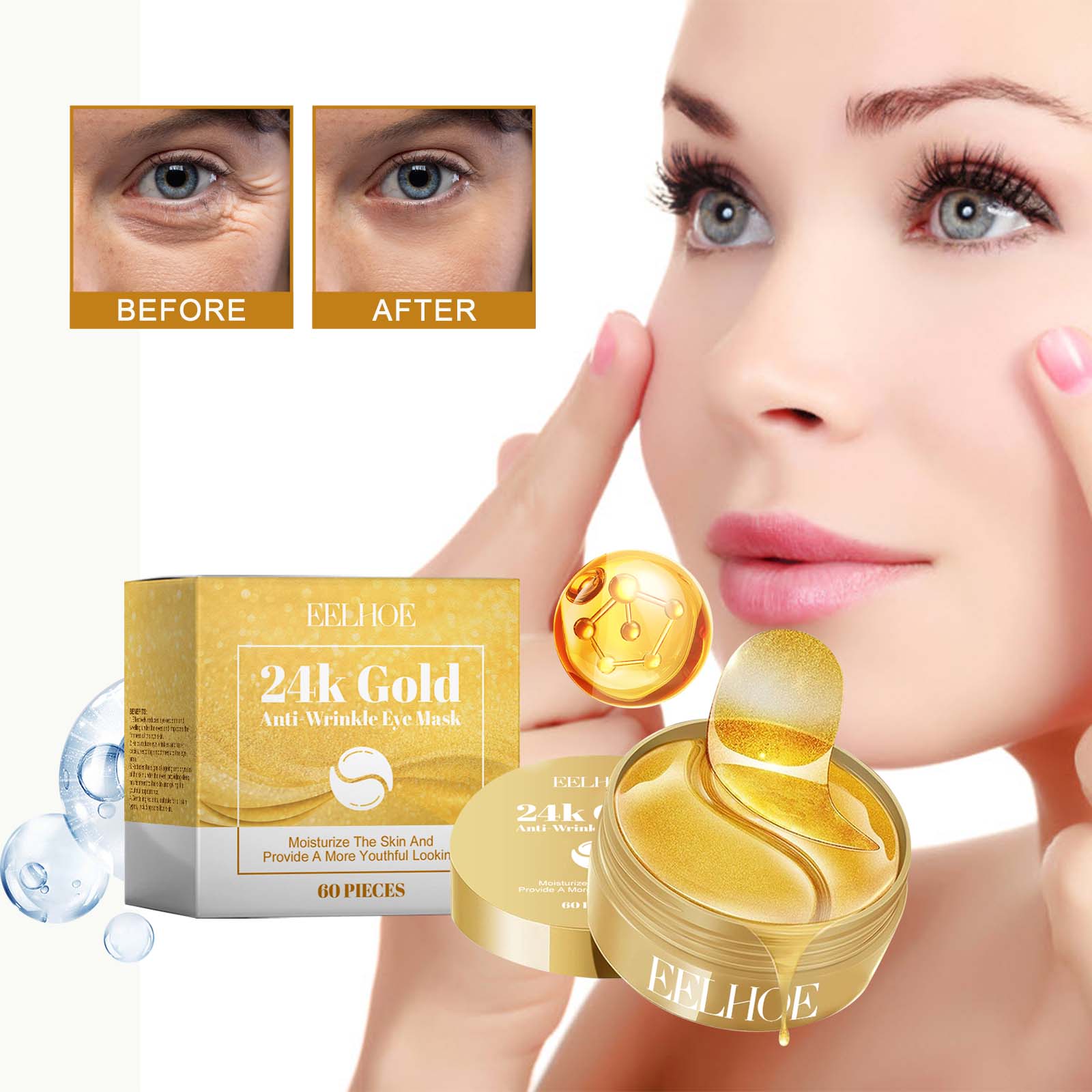24K Gold Eye Mask, Anti-Wrinkle, Brightening, Moisturizing, Eye Care, Dark Circles, Youthful Skin ,60pcs