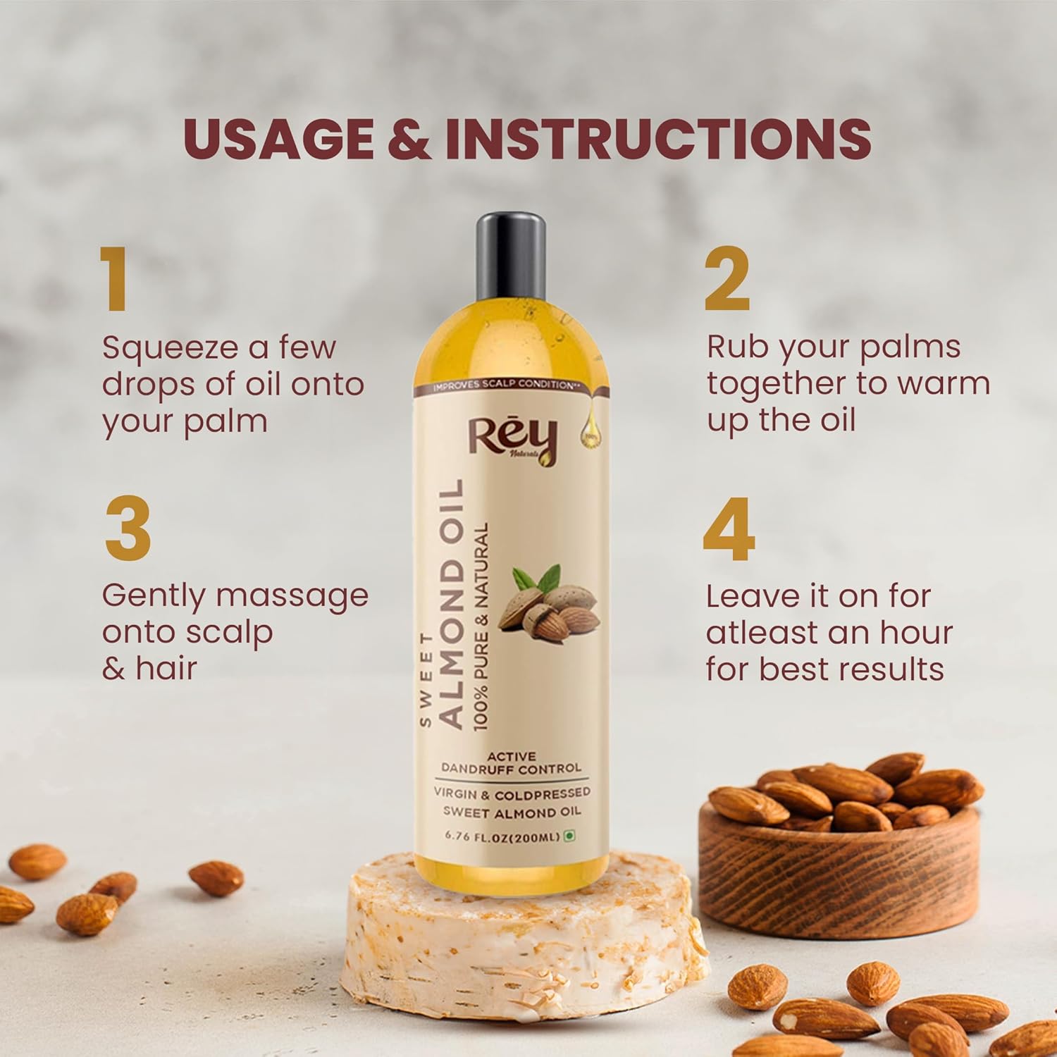 Rey Naturals Pure & Natural Sweet Almond oil - Virgin & Cold pressed 200 ml