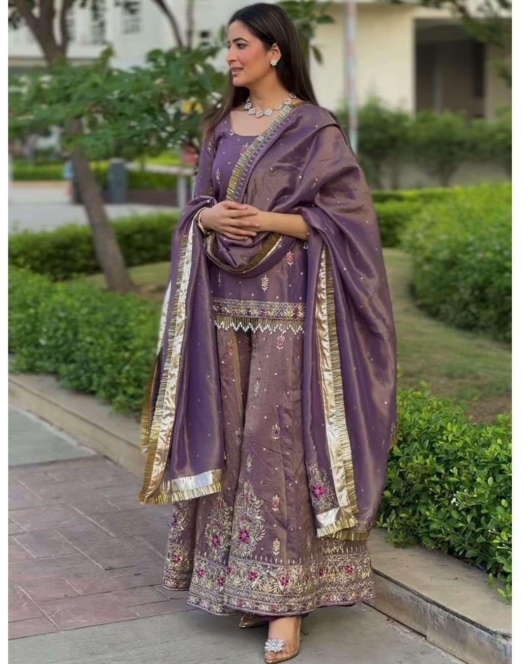 Fab Zone Women’s Designer Gold Net Embroidered Top Plazzo Set with Dupatta