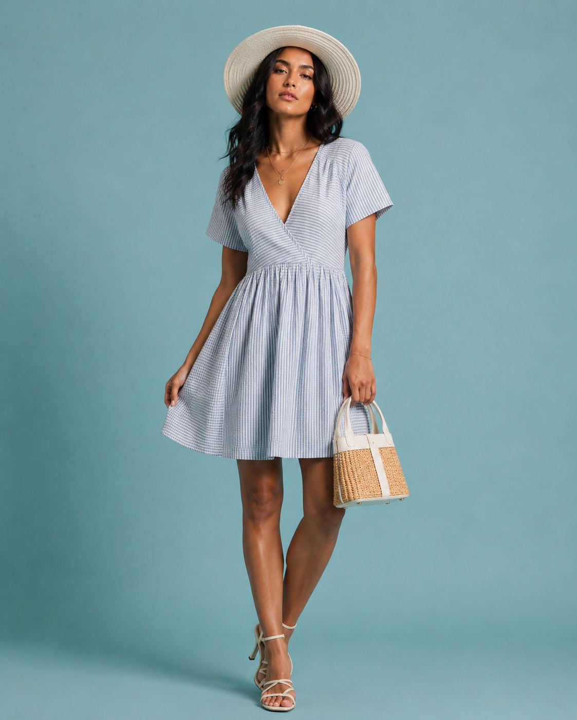 Urban Outfitters Striped Seersucker V-Neck Wrap Mini Dress