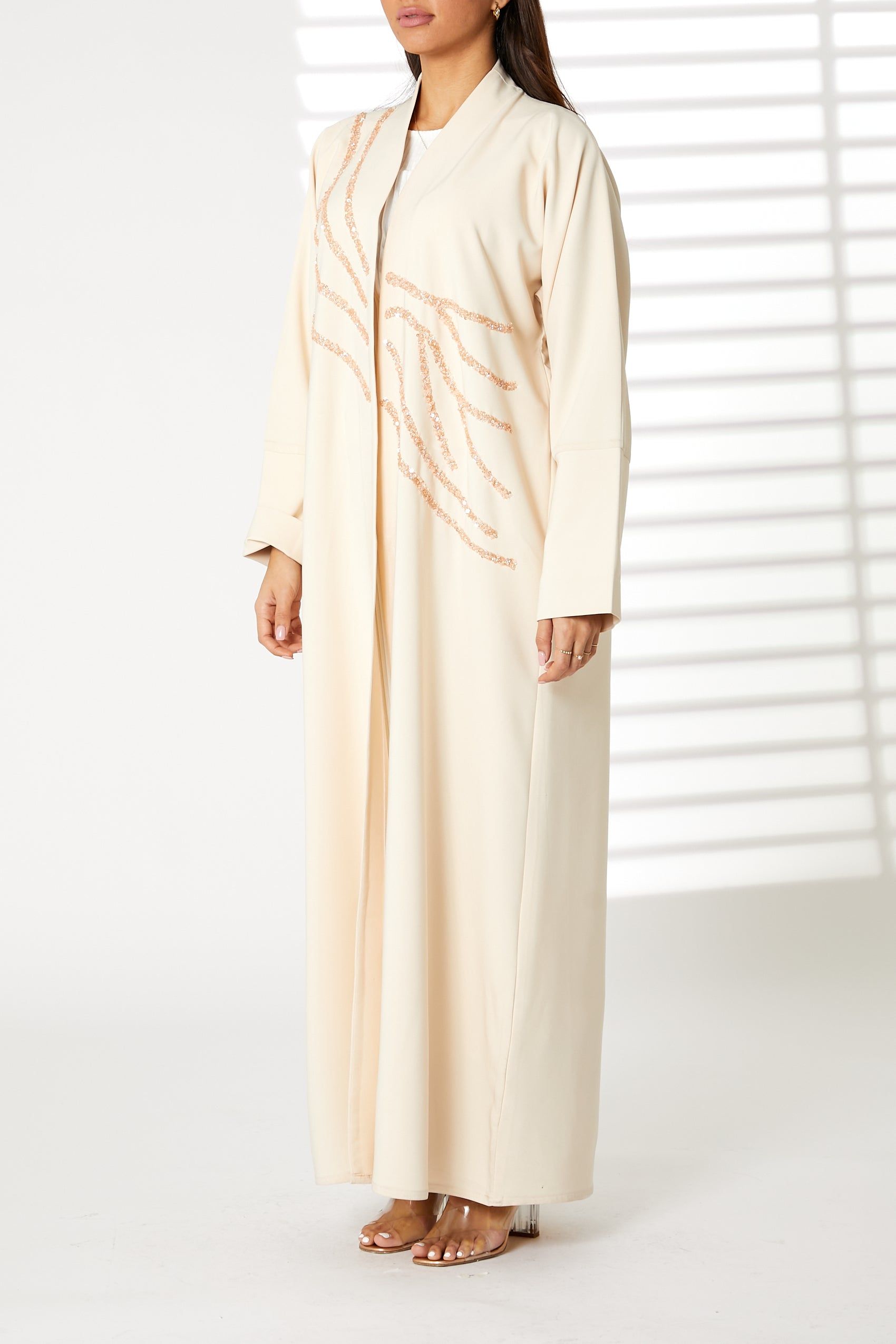 MOiSTREET Peach Bridal Satin Embroidered Abaya